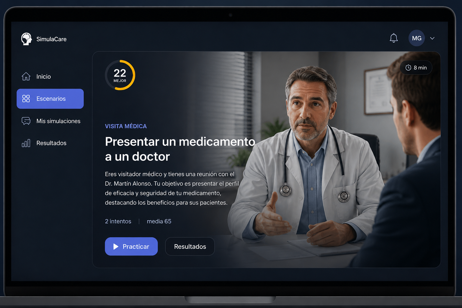 Simulación en curso: presentar un medicamento a un doctor